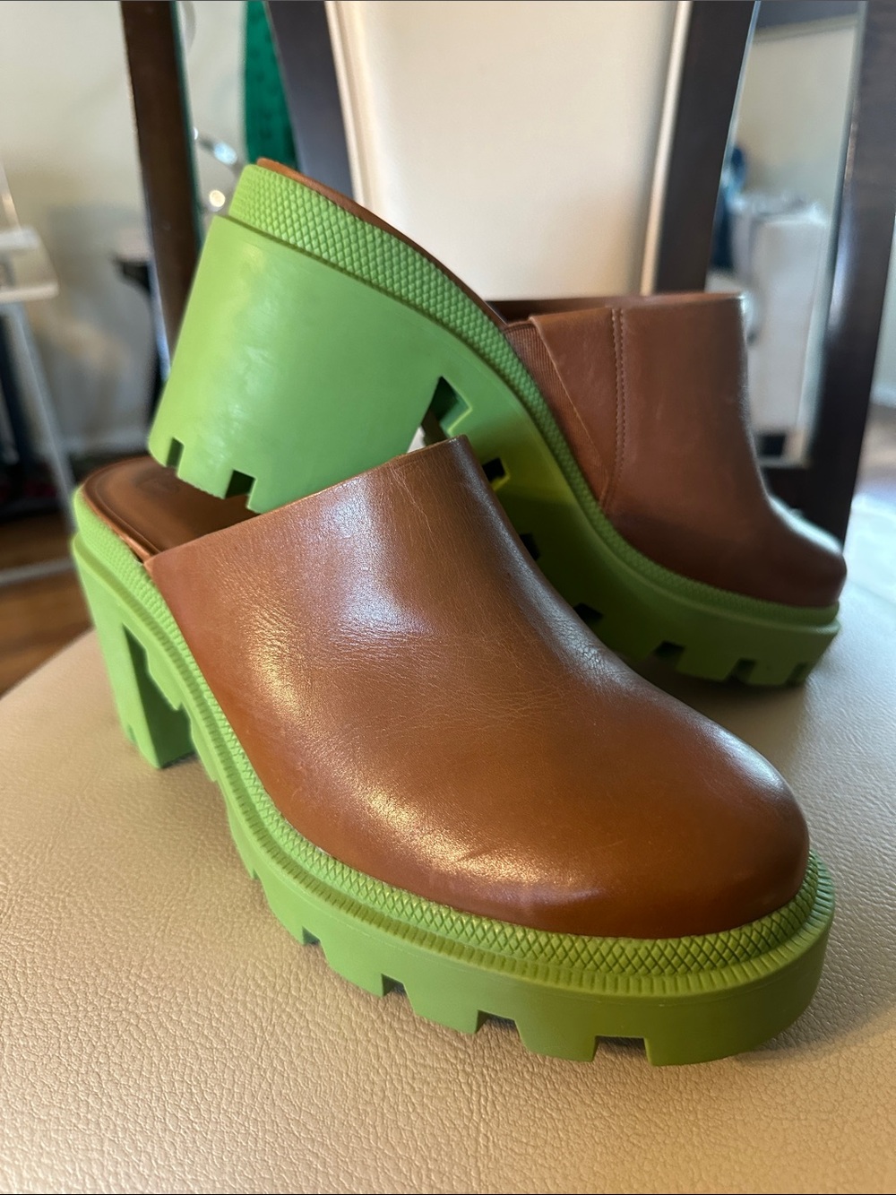 GBG Los Angeles Brown Leather Clog Mules with Lime Green Lug Sole